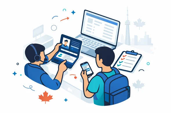 Flat or semi-flat vector illustration, clean lines, modern tech feel, isometric document review scene for Canada travel authorization. Abstract faceless support specialist and traveler reviewing passport details, checklist items, and a laptop with a simple online form layout. Deep blue and turquoise primary palette with Canada accent colors red and white. Calm, organized, efficient atmosphere. Minimal white and light grey background with a faint airport counter outline and subtle Toronto skyline silhouette. No text, no logos, no photorealism, no watermark