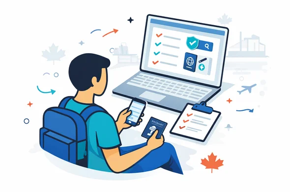 Flat or semi-flat vector illustration, clean lines, modern tech feel, 2D online visa support scene for Canada. Abstract faceless traveler sitting with smartphone and passport while receiving calm digital guidance from a laptop dashboard with checklist, document verification icons, and travel symbols. Deep blue and turquoise primary palette with Canada accent colors red and white. Safe, calm, organized atmosphere. Minimal white and light grey background with a faint maple leaf pattern and subtle airport terminal silhouette. No text, no logos, no photorealism, no watermark
