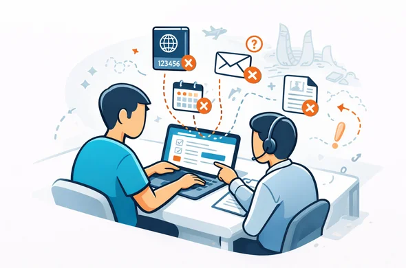 Flat or semi-flat vector illustration, clean lines, modern tech feel, isometric. A faceless traveler and a support-style expert review an Azerbaijan eVisa application before submission, highlighting common mistakes: mismatched passport number, typo in email, wrong date, blurry document upload. Deep blue and turquoise primary colors with warm amber and subtle red accents inspired by Azerbaijan. Minimal white and pale grey background with a faint outline of the Flame Towers and travel icons. Calm, safe, problem-solving atmosphere, abstract characters, no readable text, no photorealism.