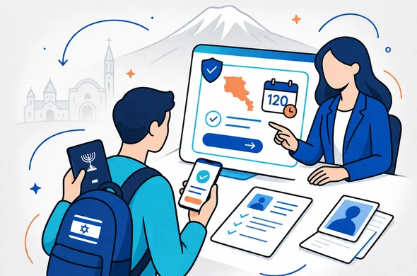 Semi-flat vector illustration, modern digital visa assistance scene, isometric 2D, an abstract faceless Israeli traveler holding a passport and smartphone while a calm support specialist points to a secure dashboard showing the Armenia eVisa 120-day route, deep blue and turquoise palette with warm apricot accents inspired by Armenia, clean lines, minimalist white and light grey background, faint outline of Mount Ararat and subtle Yerevan skyline, organized safe efficient atmosphere, no readable text, no photorealism