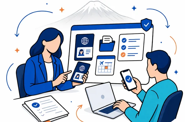 Flat vector illustration of an online visa document review process, a faceless support expert checking passport scan, digital files, checklist items and travel dates on a secure dashboard while a calm traveler sits nearby with laptop and phone, deep blue and turquoise palette with warm apricot accents inspired by Armenia, modern clean lines, white and soft grey minimalist background, faint Mount Ararat outline, efficient safe atmosphere, no readable text, no photorealism