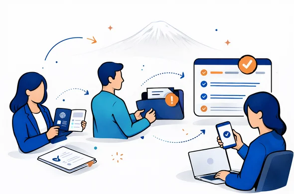 Semi-flat vector illustration of a guided online visa application workflow, abstract faceless characters moving through checklist stages with passport, document folder, smartphone notifications and progress panels, deep blue and turquoise palette with warm Armenian apricot accents, clean modern vector lines, isometric 2D composition, minimalist white and grey background with subtle Mount Ararat silhouette, calm organized safe feeling, no readable text, no photorealism