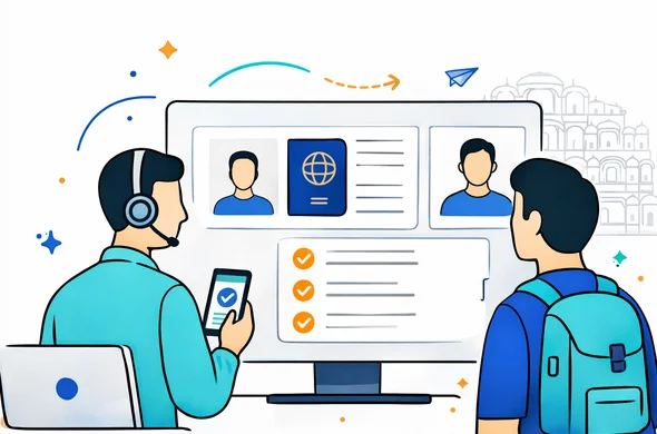 Flat vector illustration of a calm document review scene for an India eVisa application, faceless support specialist and traveler reviewing passport scan, profile photo, and checklist on a digital screen, deep blue and turquoise brand colors with saffron orange accents, clean lines, minimal white and light grey background, subtle silhouette of Jaipur Hawa Mahal, safe organized atmosphere, 2D or light isometric, no readable text, not photorealistic
