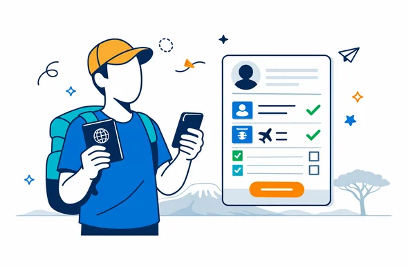 Flat semi flat vector illustration, modern visa service scene, clean lines, calm organized atmosphere, deep blue and turquoise brand colors with warm savanna gold accent for Tanzania, abstract faceless traveler holding passport and smartphone, digital application dashboard floating beside, minimal white and light grey background, faint silhouette of Mount Kilimanjaro in the distance, subtle isometric perspective, safe efficient trustworthy mood, no photorealism, no text, no watermark