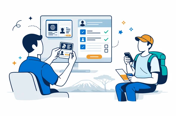 Flat vector illustration, clean modern visa assistance workflow, deep blue and turquoise with Tanzania inspired sunset orange accent, abstract faceless service specialist reviewing passport scan, checklist, and digital form on a large screen, traveler seated calmly with phone and documents, minimal white grey background, faint safari acacia tree silhouette, 2D with light isometric elements, safe organized efficient mood, no photorealism, no text, no watermark