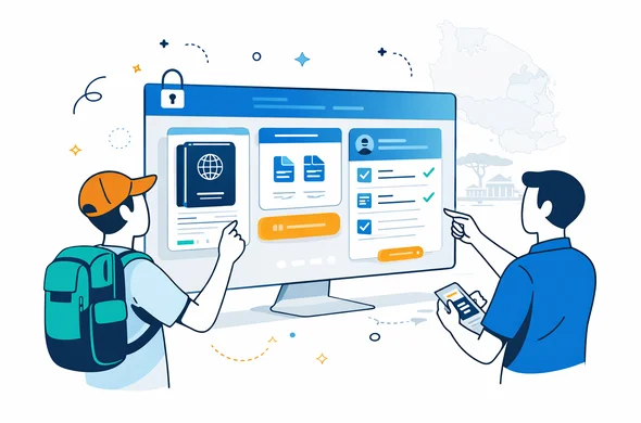 Semi flat vector illustration of official online visa application interface for Tanzania, deep blue and turquoise brand palette with warm gold accent, abstract faceless traveler and support expert pointing at secure dashboard, passport, uploaded files, check status panel, minimalist white grey background with faint outline of Tanzania map and subtle government building silhouette, clean lines, calm safe modern tech mood, isometric 2D hybrid, no photorealism, no text, no watermark
