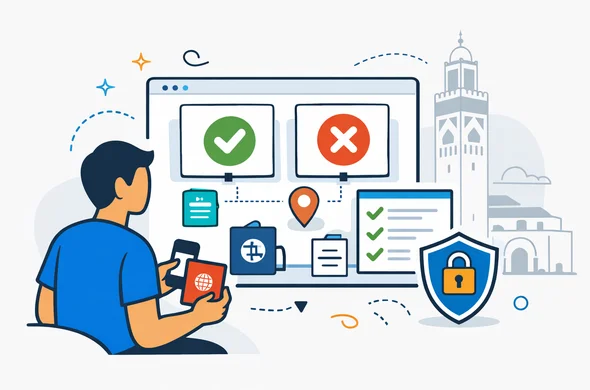 Flat vector illustration, clean lines, modern tech travel admin feel, semi flat 2D with light isometric elements. A calm faceless traveler checks eligibility for a Morocco eVisa on a digital dashboard, holding passport and phone, with clear yes no path cards, checklist icons, and a secure shield. Deep blue and turquoise brand palette with Morocco accent colors in terracotta red and warm ochre. Minimal white and light grey background, subtle outline of Hassan II Mosque and soft geometric interface panels. Organized, safe, efficient, not photorealistic, no readable text. Flat vector illustration, clean lines, modern tech travel admin feel, semi flat 2D with light isometric elements. A calm faceless traveler checks eligibility for a Morocco eVisa on a digital dashboard, holding passport and phone, with clear yes no path cards, checklist icons, and a secure shield. Deep blue and turquoise brand palette with Morocco accent colors in terracotta red and warm ochre. Minimal white and light grey background, subtle outline of Hassan II Mosque and soft geometric interface panels. Organized, safe, efficient, not photorealistic, no readable text.
