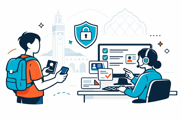 Semi-flat vector illustration, modern digital visa service scene, 2D with light isometric feel, deep blue and turquoise brand palette with warm terracotta and Moroccan red accents, faceless abstract traveler holding passport and phone while a calm support specialist reviews an eVisa dashboard with checklist and document cards, secure shield icon, minimalist white and light grey background, faint outline of Hassan II Mosque and subtle Moroccan arch pattern, clean lines, calm organized safe atmosphere, no photorealism, no text, modern SaaS landing page style Semi-flat vector illustration, modern digital visa service scene, 2D with light isometric feel, deep blue and turquoise brand palette with warm terracotta and Moroccan red accents, faceless abstract traveler holding passport and phone while a calm support specialist reviews an eVisa dashboard with checklist and document cards, secure shield icon, minimalist white and light grey background, faint outline of Hassan II Mosque and subtle Moroccan arch pattern, clean lines, calm organized safe atmosphere, no photorealism, no text, modern SaaS landing page style