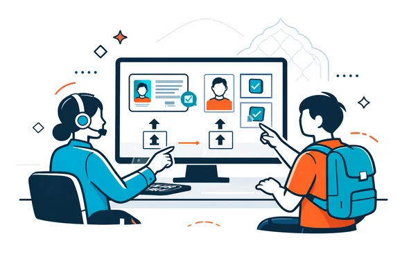 Flat vector illustration, modern visa document review workflow, deep blue and turquoise with warm terracotta Moroccan accents, faceless support agent and traveler sitting by a large digital screen checking passport scan, portrait photo, upload icons and validation checkmarks, minimal white and soft grey background, subtle Marrakech arch silhouette and geometric Moroccan tile motif, clean lines, organized efficient safe mood, no photorealism, no text, product-friendly landing page visual Flat vector illustration, modern visa document review workflow, deep blue and turquoise with warm terracotta Moroccan accents, faceless support agent and traveler sitting by a large digital screen checking passport scan, portrait photo, upload icons and validation checkmarks, minimal white and soft grey background, subtle Marrakech arch silhouette and geometric Moroccan tile motif, clean lines, organized efficient safe mood, no photorealism, no text, product-friendly landing page visual