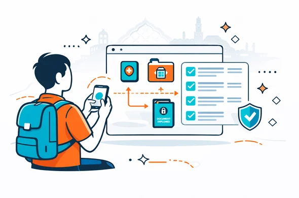Semi-flat vector illustration of a smooth online Morocco eVisa submission journey, deep blue and turquoise interface with warm terracotta and desert orange accents, faceless traveler uploading documents from a phone while a floating dashboard shows checklist completion, passport, travel file and secure progress flow, minimalist white and light grey background, faint silhouette of Moroccan city skyline and decorative geometric arch elements, calm trustworthy organized feeling, no photorealism, no text, clean landing page composition Semi-flat vector illustration of a smooth online Morocco eVisa submission journey, deep blue and turquoise interface with warm terracotta and desert orange accents, faceless traveler uploading documents from a phone while a floating dashboard shows checklist completion, passport, travel file and secure progress flow, minimalist white and light grey background, faint silhouette of Moroccan city skyline and decorative geometric arch elements, calm trustworthy organized feeling, no photorealism, no text, clean landing page composition