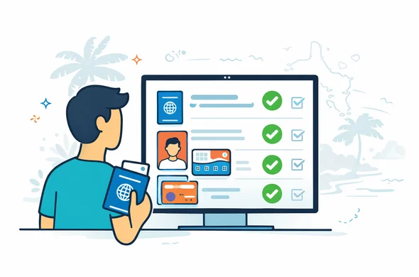 Flat or semi-flat vector illustration, modern tech travel checklist scene, clean lines, 2D with slight isometric composition, deep blue and turquoise brand palette with Seychelles accent coral, ocean aqua and sandy beige. Show faceless abstract character reviewing passport, selfie photo, flight ticket, hotel booking and payment card on a digital dashboard checklist, calm efficient atmosphere, minimal white and light grey background with faint palm tree silhouette and island shoreline outline. No photorealism, no readable text, no watermark.
