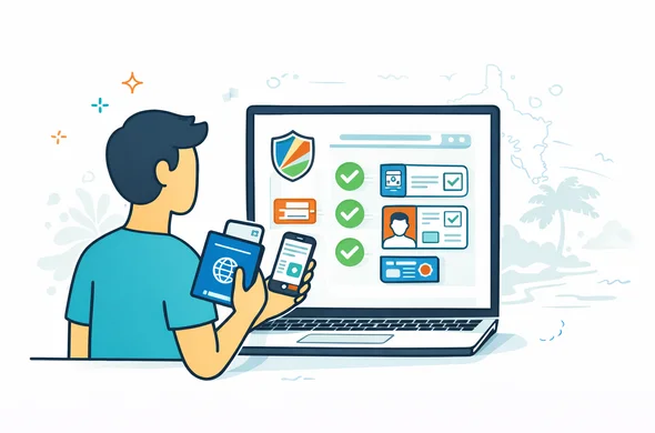 Flat or semi-flat vector illustration, clean lines, modern visa support and travel readiness scene, 2D with light isometric perspective, deep blue and turquoise with Seychelles accent coral, seafoam and sandy beige. Show a faceless traveler calmly checking an official government portal on a laptop while holding passport and phone, with approval-style icons, document checklist and subtle beach or island silhouette in the background. Atmosphere safe, organized, efficient, minimalist white and grey backdrop, no photorealism, no readable text, no watermark.