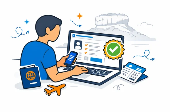 Flat vector illustration, clean lines, modern tech feel, semi-isometric. A calm traveler using a laptop and phone to review a Sri Lanka ETA online application dashboard, with a passport, flight icon, and digital approval badge. Deep blue and turquoise brand colors with warm saffron and golden accents inspired by Sri Lanka. Faceless abstract characters, minimal white and light grey background, subtle silhouette of Sigiriya Rock in the distance, safe organized atmosphere, not photorealistic.