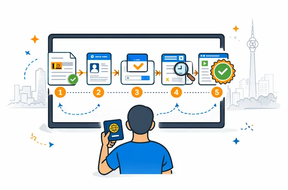 Semi-flat vector illustration, modern digital visa workflow for Sri Lanka ETA. A faceless traveler follows a clear step-by-step process on a large screen: reading official info, entering passport details, receiving acknowledgment, checking status, and getting approval. Deep blue and turquoise with Sri Lanka inspired saffron and green accents. Minimal white background, subtle Colombo skyline and Lotus Tower outline, organized calm tech atmosphere, no photorealism.