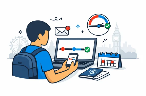 Flat or semi-flat vector illustration, clean lines, modern tech feel, light isometric 2D. A faceless traveler checking a United Kingdom ETA approval timeline on a laptop and smartphone, with passport, calendar, email notification, and progress bar. Deep blue and turquoise primary palette with United Kingdom inspired red accents. Minimal white and light grey background with a faint London skyline and Big Ben silhouette. Calm, organized, efficient, safe atmosphere. Abstract neutral characters, no distinct facial features, no photorealism, no text, no watermark Flat or semi-flat vector illustration, clean lines, modern tech feel, light isometric 2D. A faceless traveler checking a United Kingdom ETA approval timeline on a laptop and smartphone, with passport, calendar, email notification, and progress bar. Deep blue and turquoise primary palette with United Kingdom inspired red accents. Minimal white and light grey background with a faint London skyline and Big Ben silhouette. Calm, organized, efficient, safe atmosphere. Abstract neutral characters, no distinct facial features, no photorealism, no text, no watermark