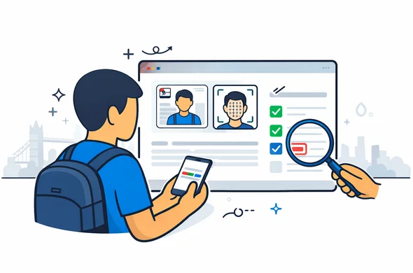 Flat or semi-flat vector illustration, clean lines, modern tech feel, 2D or light isometric. A faceless traveler reviewing a United Kingdom ETA application that shows pending review, with passport photo, face scan icon, checklist, and magnifying glass on a digital dashboard. Deep blue and turquoise primary palette with subtle red accent inspired by England. Minimal white and soft grey background with a faint outline of Tower Bridge and London skyline. Calm, organized, reassuring atmosphere. Abstract neutral characters, no distinct facial features, no photorealism, no text, no watermark Flat or semi-flat vector illustration, clean lines, modern tech feel, 2D or light isometric. A faceless traveler reviewing a United Kingdom ETA application that shows pending review, with passport photo, face scan icon, checklist, and magnifying glass on a digital dashboard. Deep blue and turquoise primary palette with subtle red accent inspired by England. Minimal white and soft grey background with a faint outline of Tower Bridge and London skyline. Calm, organized, reassuring atmosphere. Abstract neutral characters, no distinct facial features, no photorealism, no text, no watermark