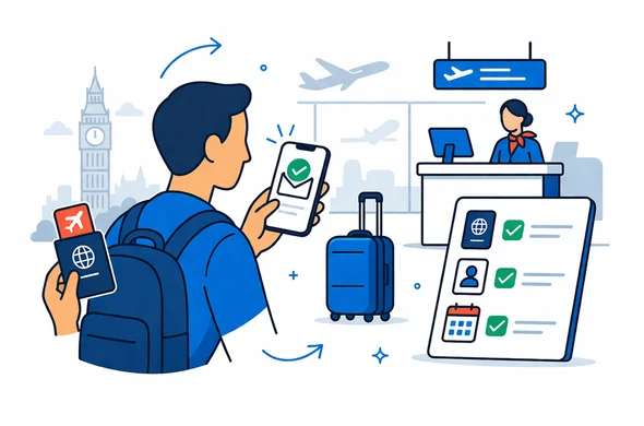 Flat or semi-flat vector illustration, clean lines, modern tech feel, light isometric 2D. A faceless traveler preparing for a flight to the United Kingdom with passport, phone showing ETA approval email, suitcase, airport check in counter, and pre travel checklist. Deep blue and turquoise primary palette with England inspired red accents. Minimal white and light grey background with a faint airport scene and London landmark silhouette. Calm, organized, efficient, safe mood. Abstract neutral characters, no distinct facial features, no photorealism, no text, no watermark Flat or semi-flat vector illustration, clean lines, modern tech feel, light isometric 2D. A faceless traveler preparing for a flight to the United Kingdom with passport, phone showing ETA approval email, suitcase, airport check in counter, and pre travel checklist. Deep blue and turquoise primary palette with England inspired red accents. Minimal white and light grey background with a faint airport scene and London landmark silhouette. Calm, organized, efficient, safe mood. Abstract neutral characters, no distinct facial features, no photorealism, no text, no watermark