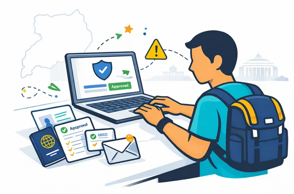 Semi flat vector illustration, faceless traveller submitting an official Uganda visa application online, laptop with secure portal screen, approval letter, shield icon, warning sign against fake websites, passport and email notification, deep blue and turquoise primary colors with Uganda inspired green and warm yellow accents, calm trustworthy atmosphere, minimalist white and light grey background with faint Uganda government style building silhouette and subtle Uganda map outline, clean lines, modern tech style, not photorealistic, no readable text