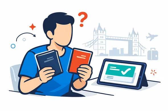 Flat or semi-flat vector illustration, clean lines, modern tech feel, isometric 2D. A faceless traveler holding an old passport and a new passport next to a digital UK ETA approval card on a tablet, trying to decide whether a new application is needed. Deep blue and turquoise primary colors with England-inspired red accents. Calm, organized, efficient, safe atmosphere. Minimalist white and grey background with a faint outline of Tower Bridge and subtle London travel icons. Abstract neutral characters, no distinct facial features, not photorealistic, no readable text. Flat or semi-flat vector illustration, clean lines, modern tech feel, isometric 2D. A faceless traveler holding an old passport and a new passport next to a digital UK ETA approval card on a tablet, trying to decide whether a new application is needed. Deep blue and turquoise primary colors with England-inspired red accents. Calm, organized, efficient, safe atmosphere. Minimalist white and grey background with a faint outline of Tower Bridge and subtle London travel icons. Abstract neutral characters, no distinct facial features, not photorealistic, no readable text.