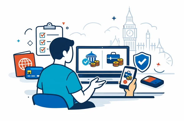 Flat or semi-flat vector illustration, clean lines, modern tech feel, light isometric 2D. A faceless traveler comparing the official UK ETA government fee with extra private service costs on a laptop and phone, with passport, payment card icons, checklist, and shield symbols. Deep blue and turquoise primary colors with England inspired red accents. Calm, organized, efficient, safe atmosphere. Minimalist white and light grey background with a faint London skyline and Big Ben outline. Abstract neutral characters, no distinct facial features, no readable text, not photorealistic. Flat or semi-flat vector illustration, clean lines, modern tech feel, light isometric 2D. A faceless traveler comparing the official UK ETA government fee with extra private service costs on a laptop and phone, with passport, payment card icons, checklist, and shield symbols. Deep blue and turquoise primary colors with England inspired red accents. Calm, organized, efficient, safe atmosphere. Minimalist white and light grey background with a faint London skyline and Big Ben outline. Abstract neutral characters, no distinct facial features, no readable text, not photorealistic.