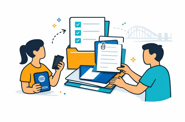 Flat or semi-flat vector illustration, clean modern tech style, 2D organized document preparation scene, deep blue and turquoise with Australian warm ochre accent, faceless abstract characters arranging passport, checklist, digital files and phone, minimal white-grey background with faint outline of the Sydney Harbour Bridge, calm safe efficient feeling, crisp lines, not photorealistic