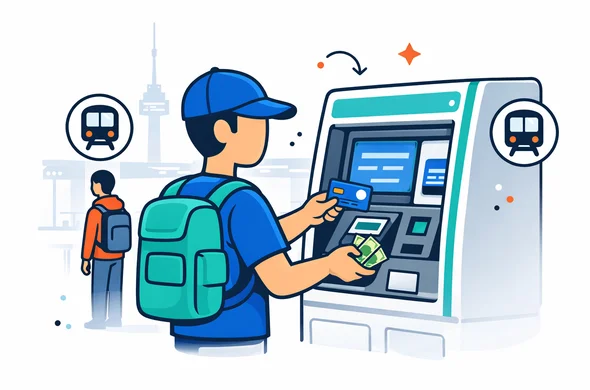 Flat or semi-flat vector illustration, clean lines, modern tech feel, 2D or light isometric, not photorealistic. A faceless traveler recharging a Korean transit card at a subway station machine, with another abstract traveler nearby and simple subway icons. Deep blue and turquoise primary colors with South Korea inspired red accents. Minimal white and pale grey background with a faint Seoul subway station silhouette and subtle N Seoul Tower outline. Calm, organized, safe atmosphere. No readable text, no watermark.