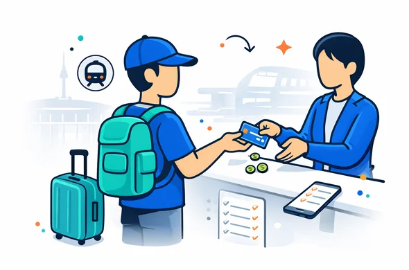Flat or semi-flat vector illustration, clean lines, modern tech feel, 2D or light isometric, not photorealistic. A faceless traveler near the end of a South Korea trip receiving a refund for a transit card at a convenience store or service counter, with a suitcase, a phone, coins, and a checked travel list. Deep blue and turquoise primary colors with South Korea inspired red accents. Minimal white and grey background with a faint airport train or Seoul station silhouette. Calm, organized, efficient, safe mood. No readable text, no watermark.