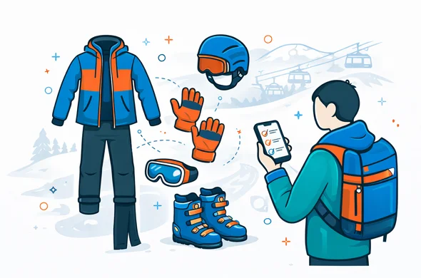 Flat or semi-flat vector illustration, clean lines, modern tech feel, isometric or 2D, not photorealistic. Abstract faceless traveler preparing winter ski clothing and equipment for South Korea, showing layered outfit, gloves, helmet, goggles, boots, thermal wear, and checklist on phone. Deep blue and turquoise primary colors with South Korea inspired red accents. Minimal white and soft grey background with faint snowy slope and cable lift silhouette. Calm, organized, efficient, safe atmosphere. No readable text, no watermark.