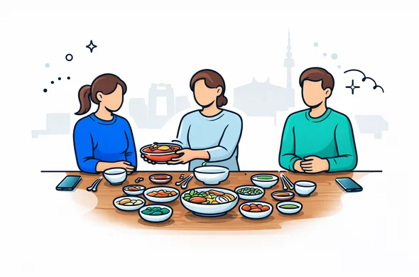 Flat or semi-flat vector illustration, clean lines, modern tech feel, 2D or light isometric, not photorealistic. Faceless travelers seated at a Korean dining table with shared dishes, politely receiving food with two hands, waiting calmly before eating, and keeping phones aside. Deep blue and turquoise primary colors with South Korea inspired red accents and subtle traditional tableware details. Minimal white and soft grey background with a faint Seoul skyline silhouette. Calm, organized, respectful atmosphere. No readable text, no watermark.