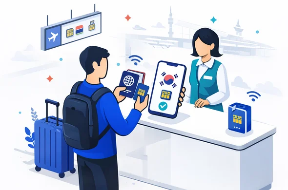 Flat or semi-flat vector illustration, clean lines, modern tech feel, light isometric 2D, not photorealistic. A faceless traveler at a South Korea airport mobile connectivity counter activating a SIM or eSIM, showing passport and phone, with a calm support agent, luggage, and minimal airport signage shapes. Deep blue and turquoise primary colors with South Korea inspired red accents, minimalist white and soft grey background, faint Incheon airport or Seoul travel silhouette, safe organized efficient atmosphere, no readable text, no watermark.
