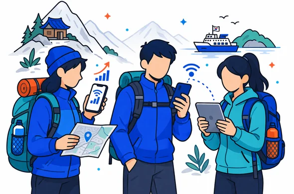 Flat or semi-flat vector illustration, clean lines, modern tech feel, 2D or light isometric, not photorealistic. A faceless group of travelers in a mountainous South Korea setting checking mobile signal, sharing internet from one phone to another device, with hiking gear, map, and a subtle mountain cabin or island ferry silhouette in the background. Deep blue and turquoise Aid-Air palette with South Korea inspired red accents, minimalist white and grey background, calm organized safe atmosphere, no readable text, no watermark.