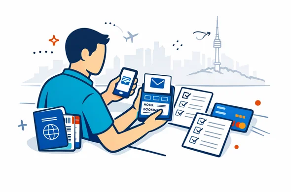 Flat or semi-flat vector illustration, clean lines, modern tech feel, 2D or light isometric, not photorealistic. A faceless traveler organizing travel documents for South Korea on a clean desk: passport, hotel booking, phone, email confirmation, payment card, and checklist cards. Deep blue and turquoise Aid-Air palette with South Korea inspired red accents. Minimal white and grey background with a faint Seoul city silhouette and subtle travel icons. Calm, organized, efficient, safe atmosphere. Abstract neutral characters, no readable text, no watermark.