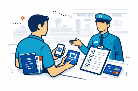 Flat or semi-flat vector illustration, clean lines, modern tech feel, isometric 2D, not photorealistic. A faceless traveler at a South Korea airport immigration area showing passport and phone with entry documents ready, while a calm border officer gestures toward an organized checklist. Deep blue and turquoise Aid-Air palette with South Korea inspired red accents. Minimal white and grey background with a faint Incheon airport or Seoul terminal silhouette. Calm, organized, efficient, safe atmosphere. Abstract neutral characters, no readable text, no watermark.