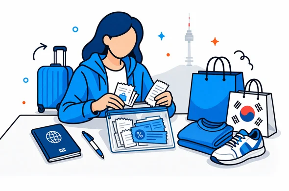 Flat or semi-flat vector illustration, clean lines, modern tech feel, isometric or 2D, not photorealistic. A faceless traveler in South Korea organizing receipts, tax refund vouchers, passport and shopping items on a clean desk before departure. Deep blue and turquoise Aid-Air palette with South Korea inspired red accents. Minimal white and grey background with a faint outline of N Seoul Tower. Calm, organized, efficient, safe atmosphere. Abstract neutral characters, no readable text, no watermark.