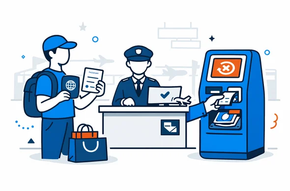 Flat or semi-flat vector illustration, clean lines, modern tech feel, isometric or 2D, not photorealistic. A faceless traveler at Incheon Airport completing a tax refund process, showing passport, refund receipt and purchased goods near a customs desk and self service kiosk. Deep blue and turquoise Aid-Air palette with South Korea inspired red accents. Minimal white and soft grey background with a faint airport terminal silhouette. Calm, organized, efficient, safe atmosphere. Abstract neutral characters, no readable text, no watermark.