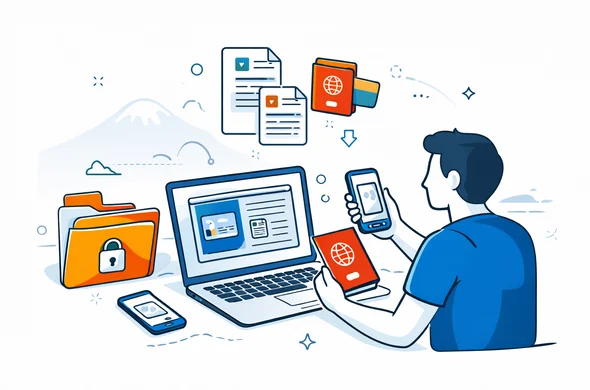 Flat or semi-flat vector illustration, clean lines, modern tech feel, 2D with light isometric layout. An abstract faceless traveler organizes passport scan, digital document files, phone photos, and a laptop before starting an Armenia visa application. Deep blue and turquoise primary palette, Armenian apricot orange and warm red accents. Minimal white and grey background with subtle Mount Ararat line art and secure folder icons. Calm, organized, safe atmosphere, no photorealism, no text, no watermark.
