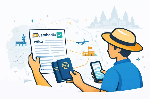 Semi-flat vector illustration, travel document verification scene for Cambodia eVisa. A faceless traveler checks a printed visa approval, passport, phone, and route map with airport and land border icons. Deep blue and turquoise palette with Cambodia accent in warm gold and sandstone tones. Minimal white background with a subtle Angkor Wat skyline and light map lines. Calm, safe, organized, modern government-tech feeling, no photorealism, no readable text.