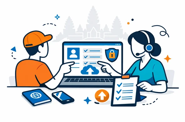 Flat or semi-flat vector illustration, clean lines, modern tech feel, light isometric style. A calm faceless traveler and a digital visa assistant reviewing a Cambodia eVisa application on a laptop, with passport, phone, checklist, upload icons, and a secure dashboard. Deep blue and turquoise main palette, warm sandstone and saffron accent inspired by Cambodia. Minimal white and light grey background with a faint Angkor Wat silhouette. Abstract neutral characters, organized, safe, efficient, not photorealistic, no readable text.