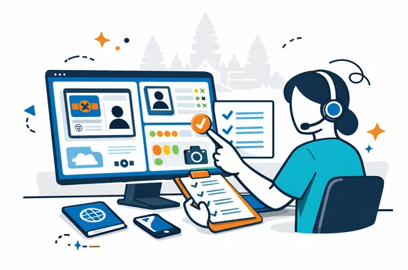 Semi-flat vector illustration, modern digital visa office, 2D with light isometric elements. A faceless visa specialist checking Cambodia eVisa documents on a large screen with upload panels, passport scan, image quality indicators, and approval checklist. Deep blue and turquoise main palette with Cambodian sandstone and saffron accents. Minimal white and grey background, subtle Angkor Wat outline, calm and secure atmosphere, clean vector style, no readable text, no photorealism.