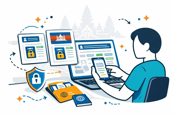 Flat vector illustration with clean lines and modern tech operations mood. A faceless traveler using phone and laptop to verify Cambodia eVisa and entry information, with official website cards, secure shield icon, passport, travel document folder, and subtle route arrows. Deep blue and turquoise palette with warm Cambodian saffron and temple-stone accents. Minimal white-grey background with a faint Angkor Wat skyline silhouette. Calm, trustworthy, efficient, abstract characters, no readable text, no photorealism.
