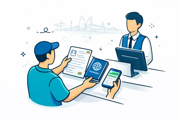 Flat or semi-flat vector illustration, clean lines, modern tech feel, 2D airport-preparation scene for Azerbaijan travel. Abstract faceless traveler at a calm check-in counter showing passport, printed approval, and phone with digital visa confirmation. Deep blue and turquoise primary palette with Azerbaijan-inspired red and green accent details. Minimalist white and light grey background with faint Baku airport and Flame Towers silhouette, organized safe atmosphere, no text, no logos, not photorealistic.