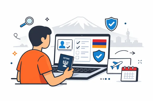 Flat or semi-flat vector illustration, clean lines, modern tech feel, 2D or light isometric scene. Abstract faceless traveler with Israeli passport and laptop checking Armenia visa eligibility on an official-looking digital portal, with calm interface cards, checklist, shield icon, and subtle Mount Ararat or Yerevan skyline outline in the background. Deep blue and turquoise primary colors, Armenian accent colors red, blue, and orange, minimalist white and light grey background, organized safe atmosphere, no text, no logos, not photorealistic.