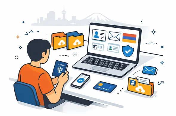 Flat or semi-flat vector illustration, clean lines, modern tech feel, isometric desk scene with abstract faceless traveler organizing passport, phone, laptop, digital document cards, email icon, payment card, and neat upload folders for an Armenia visa application. Deep blue and turquoise primary colors with Armenian accent colors red, blue, and orange. Minimalist white and grey background, calm organized efficient safe atmosphere, faint Yerevan skyline line art, no text, no logos, not photorealistic.