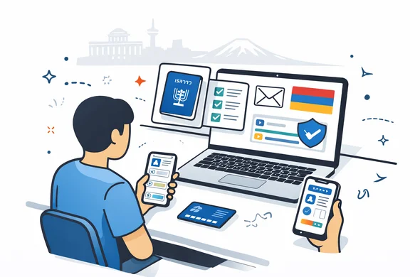 Flat or semi-flat vector illustration, clean lines, modern tech feel, 2D workflow scene with abstract faceless support-style traveler reviewing an Armenia visa application before final submission, comparing passport details, upload checklist, email confirmation, and status tracking card on desktop and phone. Deep blue and turquoise primary colors with Armenian accent colors red, blue, and orange, minimalist white and grey background, faint outline of Armenian government building or Mount Ararat, calm organized safe atmosphere, no text, no logos, not photorealistic.