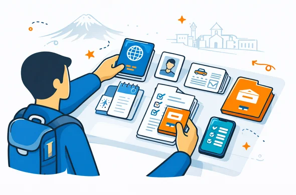 Flat or semi-flat vector illustration, clean lines, modern tech feel, 2D organized document checklist scene. Abstract faceless traveler arranging passport, photo, travel papers, business invitation letter, residency folder and phone on a clean desk before Armenia travel. Deep blue and turquoise primary colors with Armenian accent colors apricot orange and warm red. Calm organized efficient safe atmosphere. Minimalist white and grey background with a faint silhouette of Mount Ararat and a subtle Yerevan city outline. No text, no logos, not photorealistic.