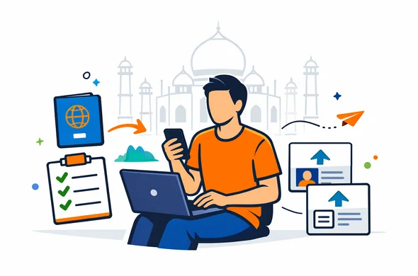 Flat or semi-flat vector illustration, clean lines, modern tech feel, 2D or light isometric. Abstract faceless traveler in casual clothing using a smartphone and laptop to start an India tourist e-visa application, with passport, checklist cards, upload icons and calm support flow visuals. Primary palette deep blue and turquoise, destination accent colors saffron, green and subtle India blue. Minimal white and light grey background with a faint Taj Mahal silhouette. Calm, organized, efficient, safe atmosphere. No text, no logos, not photorealistic. Flat or semi-flat vector illustration, clean lines, modern tech feel, 2D or light isometric. Abstract faceless traveler in casual clothing using a smartphone and laptop to start an India tourist e-visa application, with passport, checklist cards, upload icons and calm support flow visuals. Primary palette deep blue and turquoise, destination accent colors saffron, green and subtle India blue. Minimal white and light grey background with a faint Taj Mahal silhouette. Calm, organized, efficient, safe atmosphere. No text, no logos, not photorealistic.