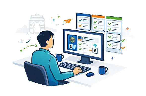 Flat or semi-flat vector illustration, clean lines, modern tech feel, isometric scene. Abstract faceless support specialist reviewing an India tourist e-visa application on a desktop screen with passport scan, uploaded document cards, validation check marks and a structured workflow board. Deep blue and turquoise primary colors with saffron and green India accents. Minimal white and light grey background with a faint outline of India Gate. Calm, organized, efficient, safe atmosphere. No text, no logos, not photorealistic. Flat or semi-flat vector illustration, clean lines, modern tech feel, isometric scene. Abstract faceless support specialist reviewing an India tourist e-visa application on a desktop screen with passport scan, uploaded document cards, validation check marks and a structured workflow board. Deep blue and turquoise primary colors with saffron and green India accents. Minimal white and light grey background with a faint outline of India Gate. Calm, organized, efficient, safe atmosphere. No text, no logos, not photorealistic.