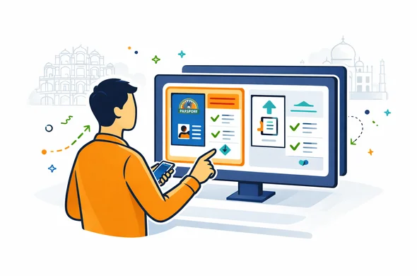 Flat or semi-flat vector illustration, clean lines, modern tech feel, 2D comparison scene. Abstract faceless traveler choosing the correct India visa service path on a digital dashboard with one highlighted short-trip tourist e-visa route, supportive checklist, passport and phone icons. Deep blue and turquoise primary palette with saffron and green India accents. Minimal white and grey background with a faint Jaipur Hawa Mahal or Taj Mahal outline. Calm, organized, efficient, safe atmosphere. No text, no logos, not photorealistic. Flat or semi-flat vector illustration, clean lines, modern tech feel, 2D comparison scene. Abstract faceless traveler choosing the correct India visa service path on a digital dashboard with one highlighted short-trip tourist e-visa route, supportive checklist, passport and phone icons. Deep blue and turquoise primary palette with saffron and green India accents. Minimal white and grey background with a faint Jaipur Hawa Mahal or Taj Mahal outline. Calm, organized, efficient, safe atmosphere. No text, no logos, not photorealistic.