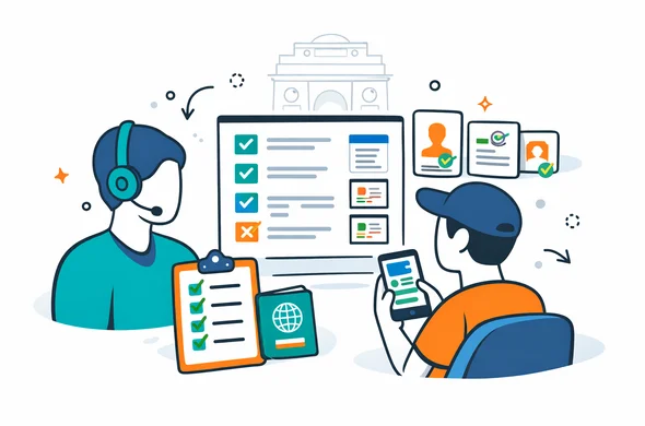 Flat or semi-flat vector illustration, clean lines, modern tech feel, 2D document review scene with an abstract faceless support specialist and traveler checking form fields, passport copy, uploaded document thumbnails, checklist cards and approval icons for an India eVisa service, calm organized efficient safe atmosphere, deep blue and turquoise primary palette with India accent colors saffron orange and green, minimalist white and light grey background with a faint India Gate silhouette, no text, no logos, not photorealistic