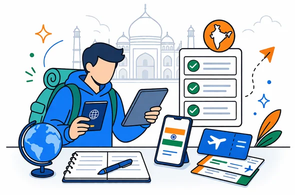 Flat or semi-flat vector illustration, clean lines, modern tech feel, isometric 2D scene of an abstract faceless traveler reviewing India tourist visa information on a tablet and phone, holding a passport near checklist cards and travel documents, deep blue and turquoise primary palette with India accent colors saffron orange and green, calm organized efficient safe atmosphere, minimalist white and light grey background with a faint outline of the Taj Mahal, simple friendly characters, thick clean outlines, minimal shading, no text, no logos, not photorealistic